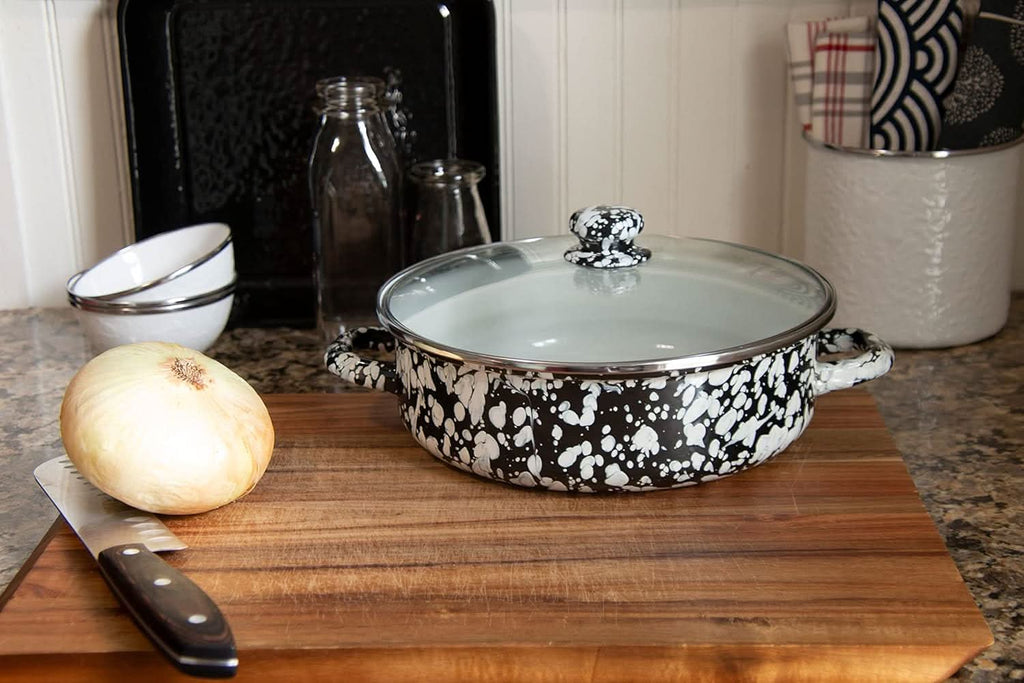 5 qt Non-Stick Enamelware Saute Pan with Lid in Black Swirl