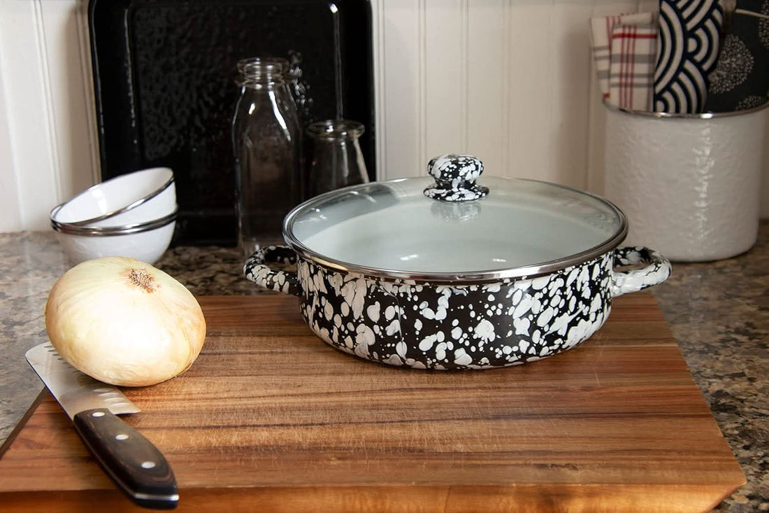 Golden Rabbit Non-Stick Enamelware 5 qt Saute Pan with Lid - Black Swirl