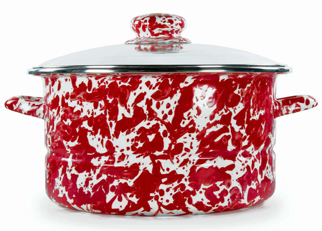 6qt Enamelware Stock Pot with Glass Lid, Black Swirl Spatterware