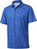 Men's striped performance golf polo shirt with moisture-wicking fabric and short sleeves.