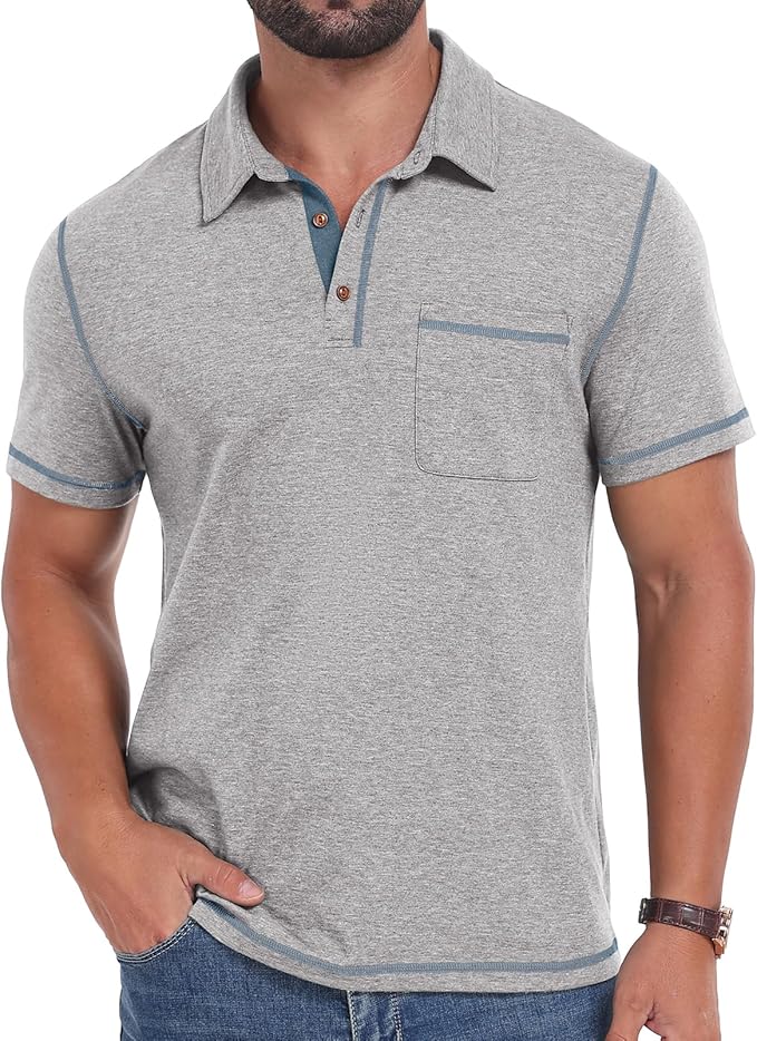Men's textured cotton polo shirt with contrast stitching and 3-button placket