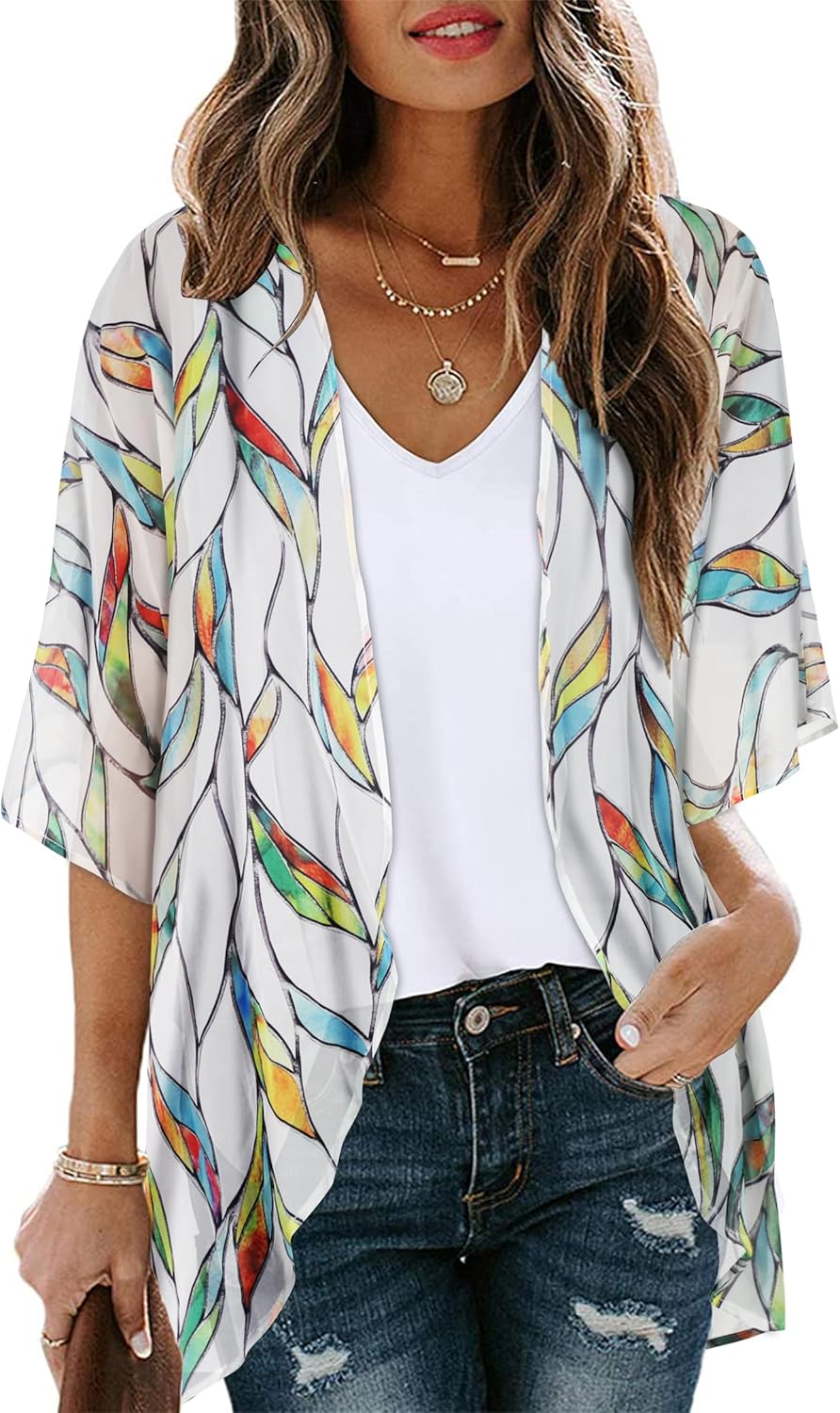 Floral Print Kimono Cardigan Women Puff Sleeve Cover Up Casual Blouse Loose Top