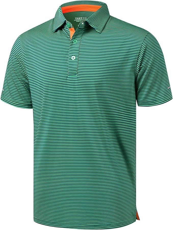 Men's striped moisture-wicking performance golf polo with reflective sleeve cuffs
