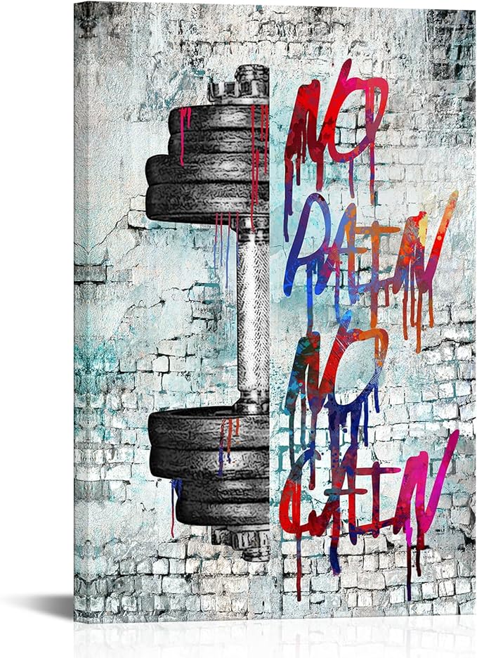 iHAPPYWALL Vintage Inspirational Fitness Quotes Wall Art No Pain No Gain Dumbbells Gym Sport Picture for Home Bodybuilding Room Bedroom Decor Ready to Hang 24x36inch (Grey)