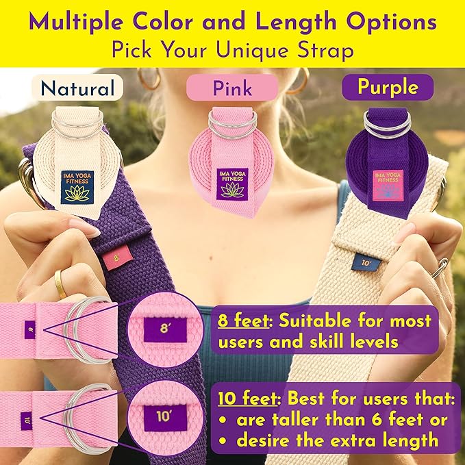Adaptive Yoga Strap, Stretching Strap, 2 Inches Wide, 100% Naturally Soft Cotton, Steel D-Rings, Includes Natural Cotton Drawstring Storage Pouch and Instructional E-Book
