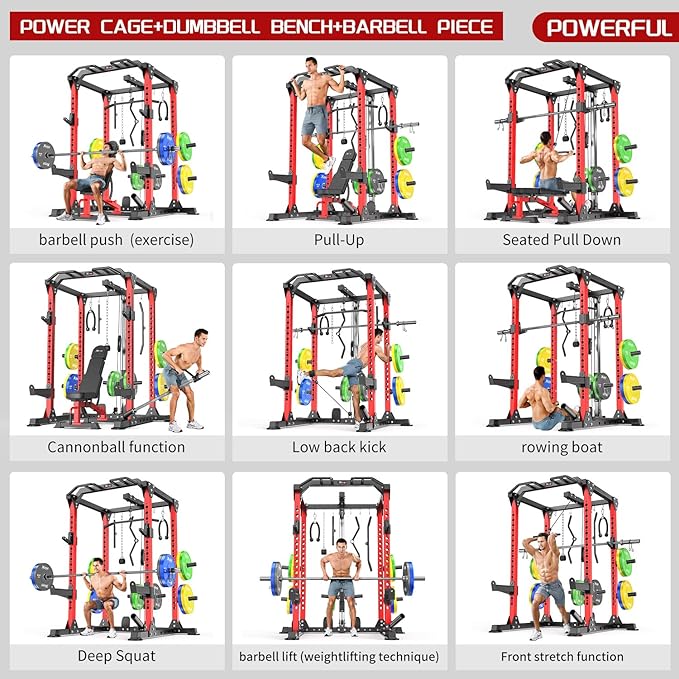 Power Cage Multi-Function Power Rack with Cable Crossover System,1800 LBS Capacity Squat Rack with Weight Bench,for Home Gym