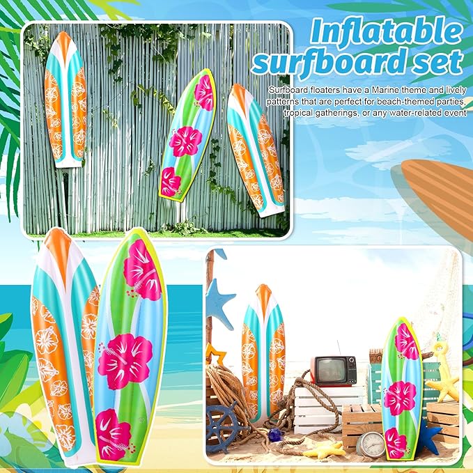 4 Pcs 36 Inch Inflatable Surf Board Inflatable Luau Party Decorations Blow up Surfboard (Flower Style)