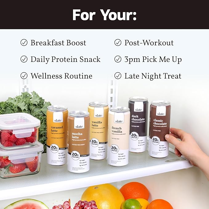 Slate Milk - High Protein Milk Shake - Dark Chocolate - Lactose Free, 20g Protein, 1g Sugar, 100 Calories, 1g Net Carbs, No Added Sugar - Natural, Breakfast Boost, Post Workout - 11 fl oz, 48 Cans