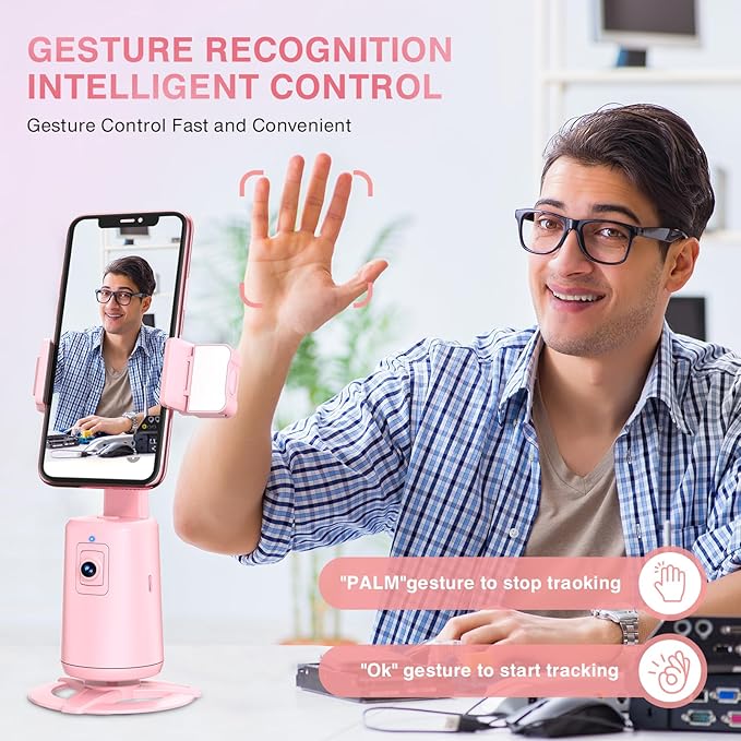 Auto Face Tracking Tripod 360° Rotating Cell Phone Photo and Video Kits Stand, No App, Phone Camera Stand with Remote and Gesture Control for Live Recording Tiktok Pink1