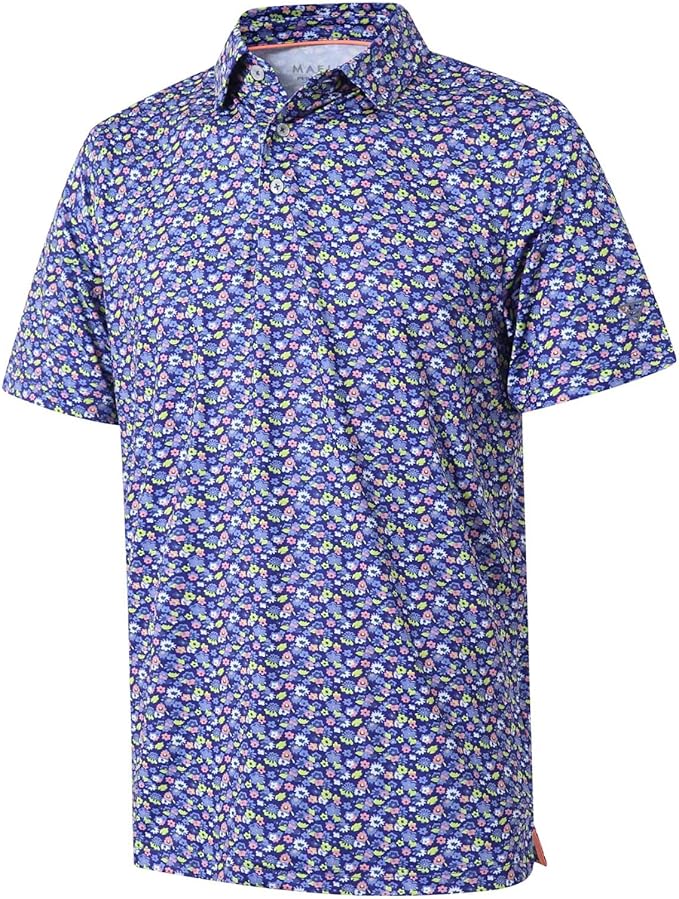 Close-up view of a men's striped performance polo shirt