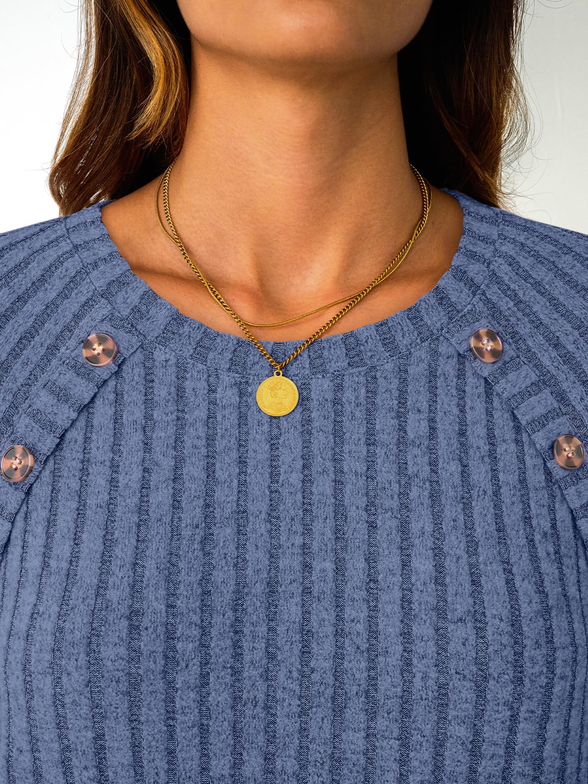 Women's Long Sleeve Tops - Fall Lightweight Sweaters with Shoulder Buttons
