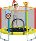 A 60-inch mini trampoline for kids with safety enclosure and built-in basketball hoop.
