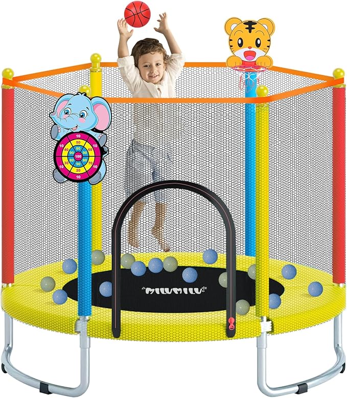 A 60-inch mini trampoline for kids with safety enclosure and built-in basketball hoop.