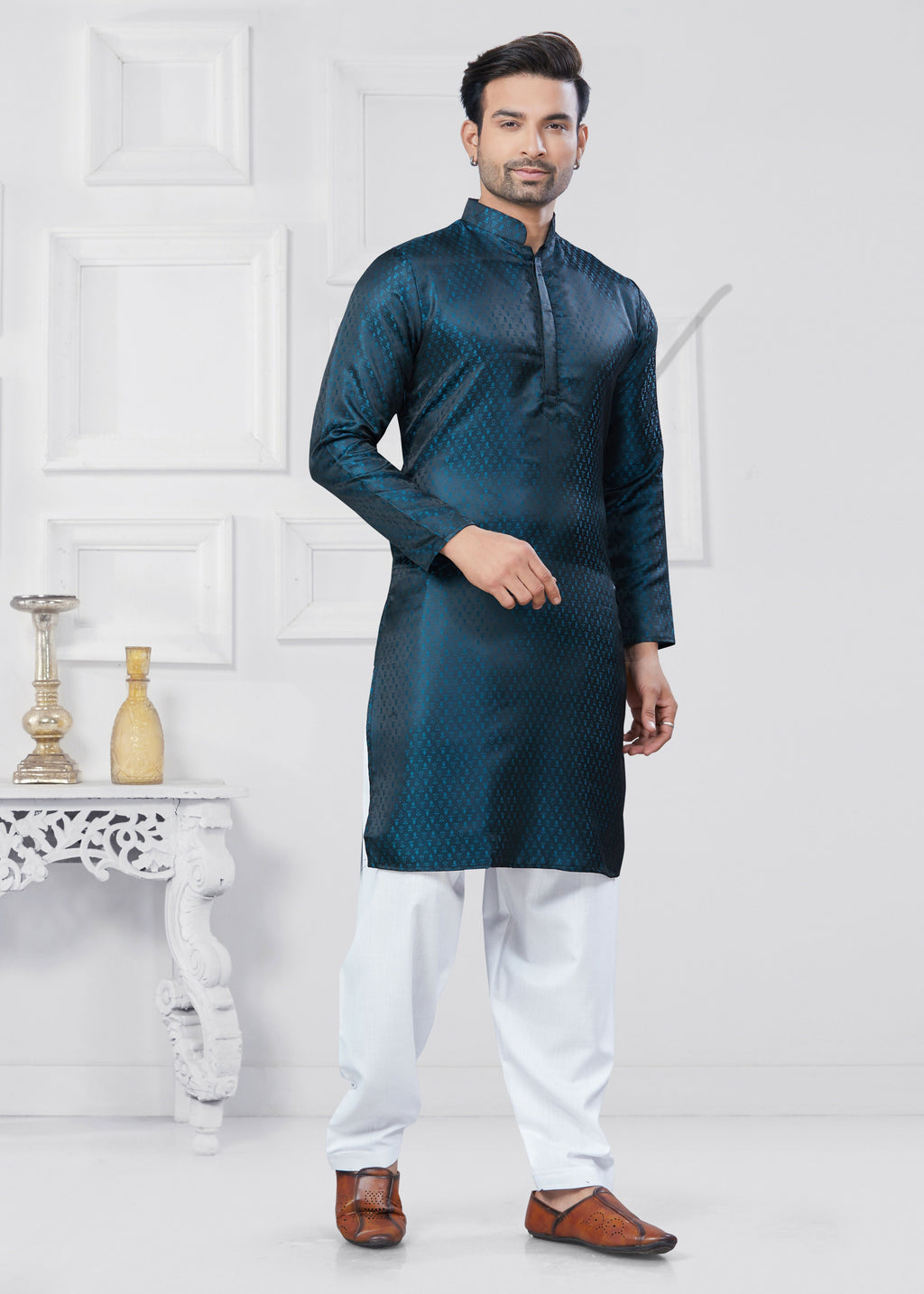 Men's Jacquard Silk Rama Printed Kurta Pyjama Set - Traditional Wear
