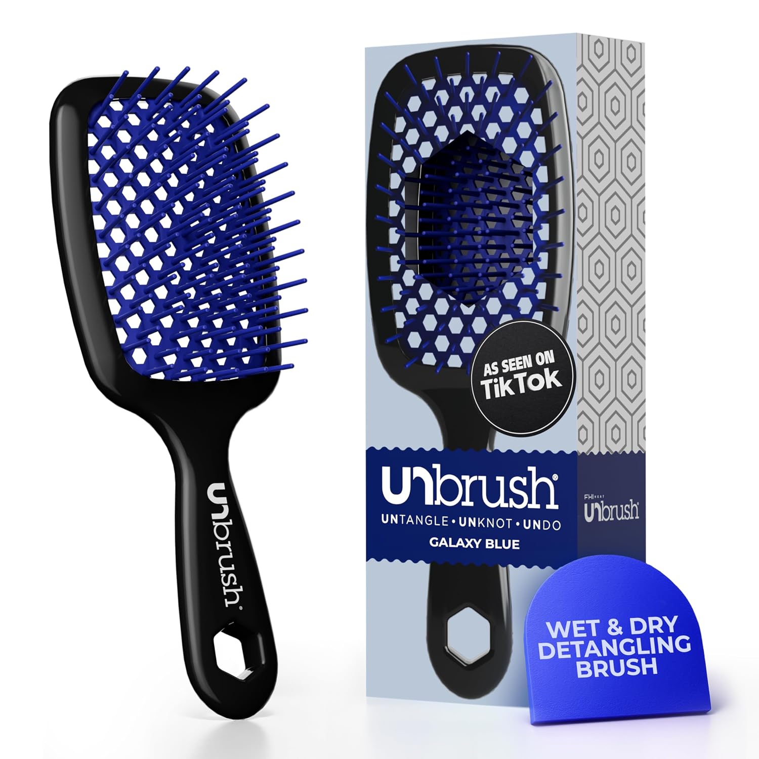 Blue UNbrush detangling hair brush with DuoFlex bristles for easy hair grooming