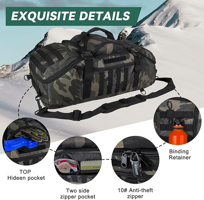 65L Large Duffle Bag, 3-in-1 Tactical Backpack MOLLE Pack for Sports, Gym, Outdoor, Black Camo