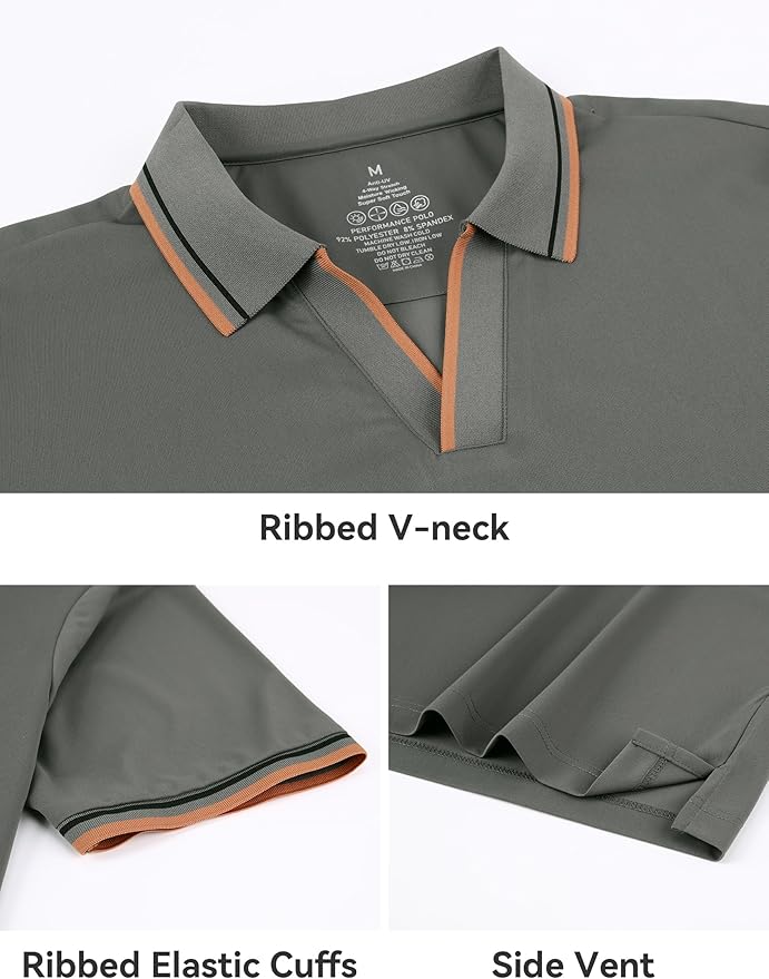Men's Jacquard V-Neck Golf Polo Moisture Wicking Performance Shirt