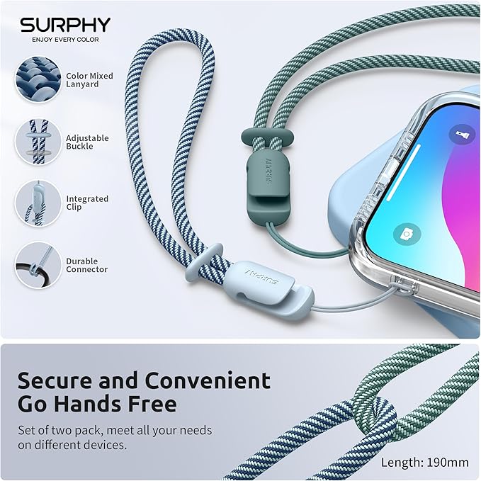 SURPHY 2 Pack Phone Lanyard for Cellphone Case, Phone Wrist Strap for Case, Cellphone Strap with 2-Color Braided, Charm Wrist Lanyard for Women and Men, Cloud Blue & Green