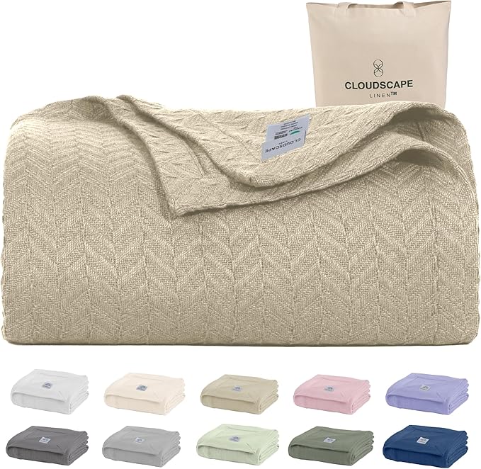Cloud Scape Linen 100% Cotton Blanket King Size for Bed – Lightweight Summer Blanket, Herringbone Weave,fits California King Size Bed, 92x108,Beige Fog