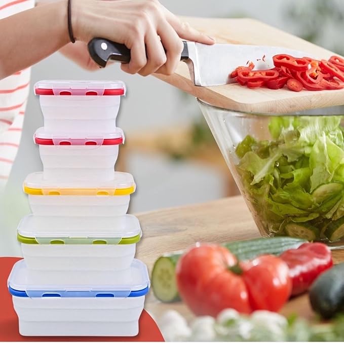 Collapsible Silicone Food Storage Containers, BPA Free, Microwave, Freezer and Dishwasher Safe, Lunch, Meal Prep, Travel, Space-Saving, Set of 5