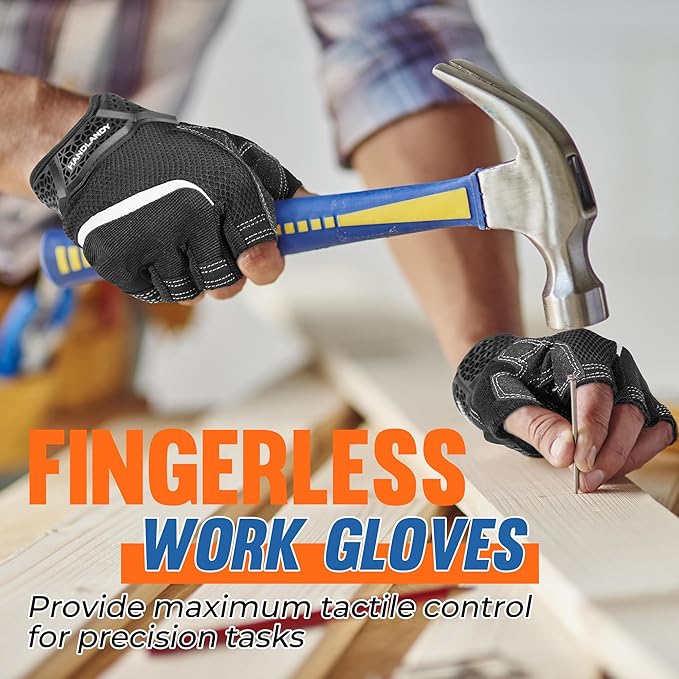 HANDLANDY Fingerless Work Gloves for Men, Half Finger Working Glove Grip Shock-Absorbing Breathable Uwrist TPR Anti-collision Gloves for Mens & Women (Black, M)