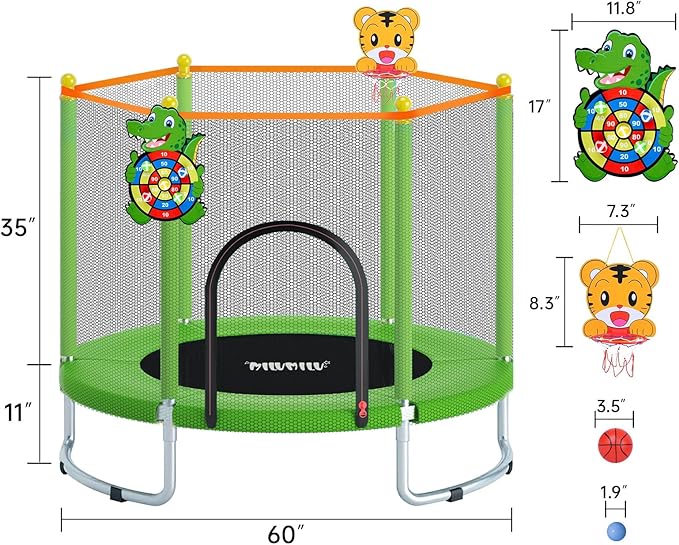 60" Kids Indoor Outdoor Trampoline with Safety Net and Basketball Hoop