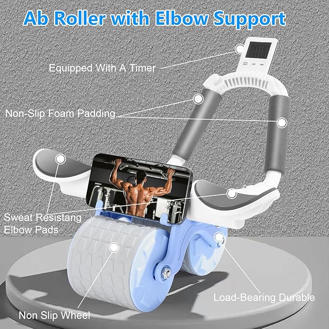 Bersauji 2025 New Ab Roller Wheel with Knee Mat &Timer, Automatic Rebound Abdominal Wheel, Ab Abdominal Exercise Roller with Elbow Support, Abs Workout Equipment Ab Exercise Roller for Women Men