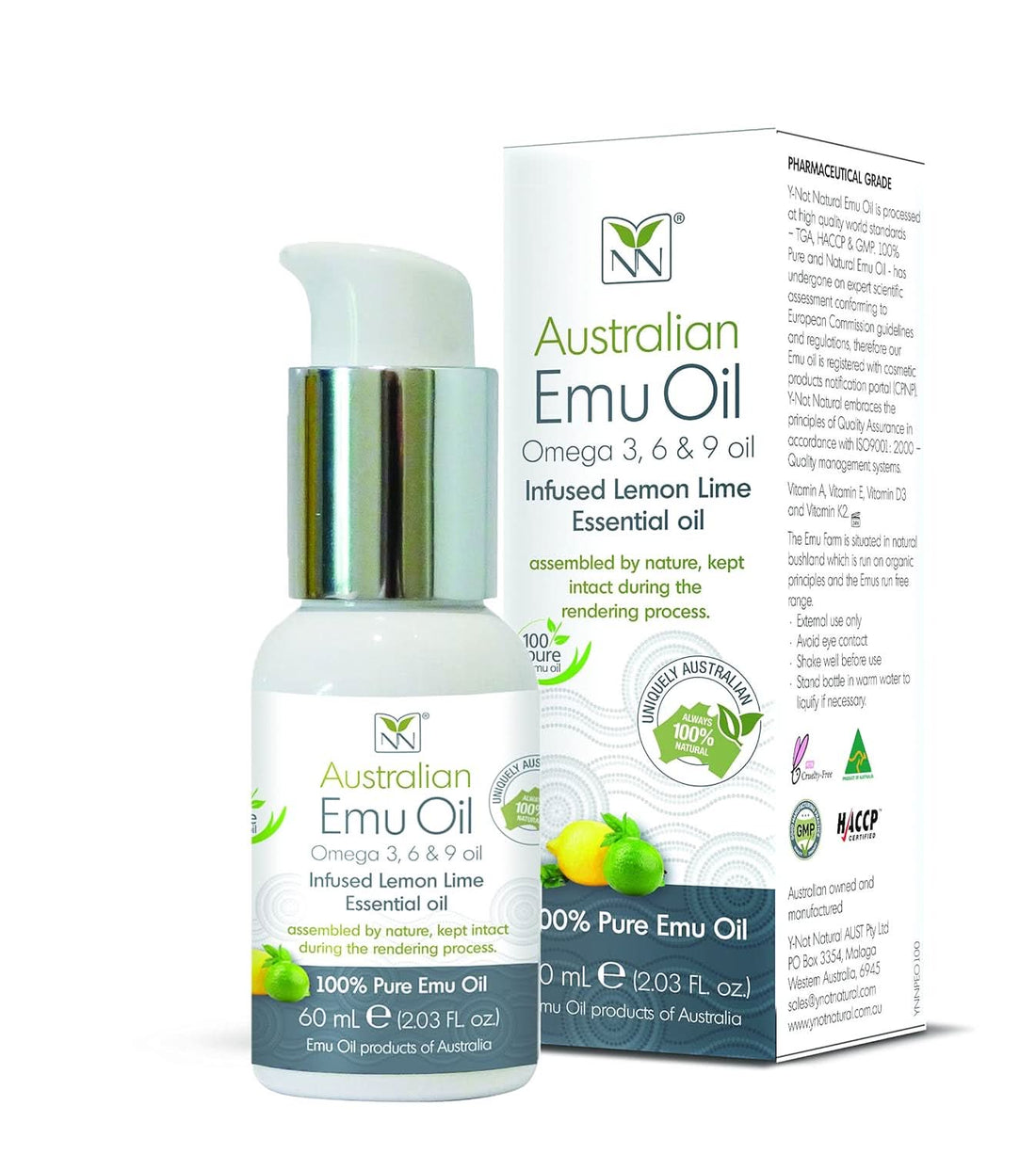 60ml bottle of Y-Not Natural Lemon Lime Australian Emu Oil, highlighting its minimalist white and green aesthetic.