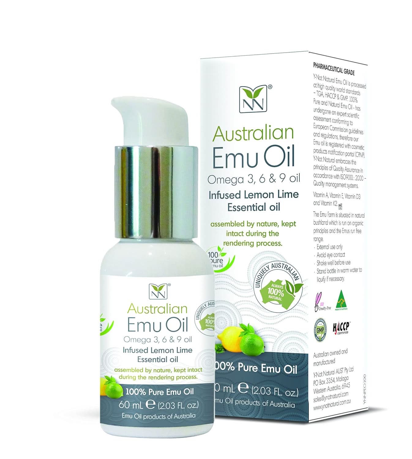 60ml bottle of Y-Not Natural Lemon Lime Australian Emu Oil, highlighting its minimalist white and green aesthetic.