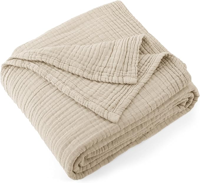 Carriediosa 100% Cotton Muslin Throw Blanket 70" X 80" Twin Size，4-Layers Summer Gauze Throws for Bed Couch，Soft Lightweight Breathable Linen Blankets Bedspread for Adults All Season，Khaki