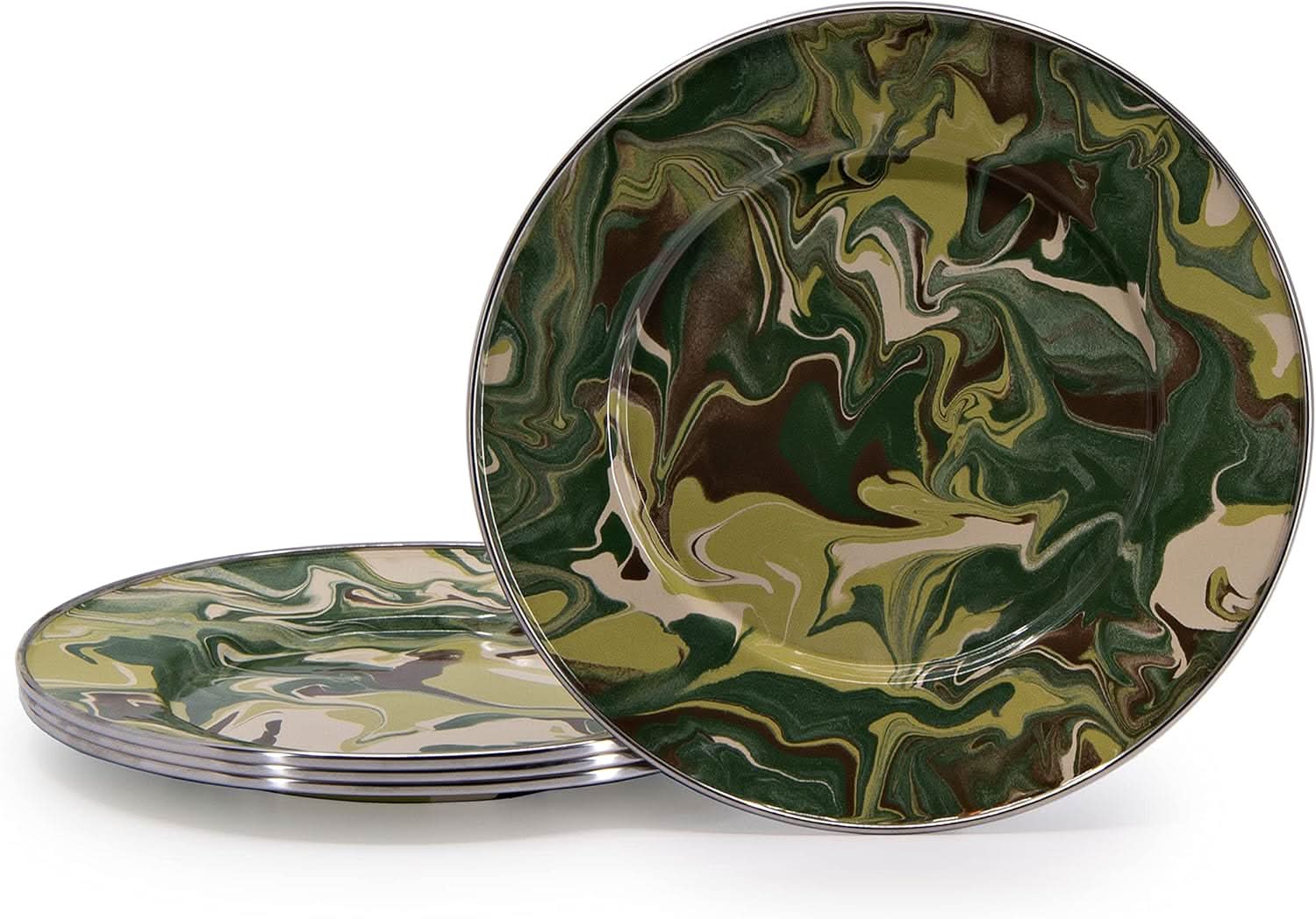 Set of 4 camouflage print enamelware sandwich plates on a neutral background