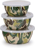 Three camouflage pattern enamelware nesting bowls stacked together
