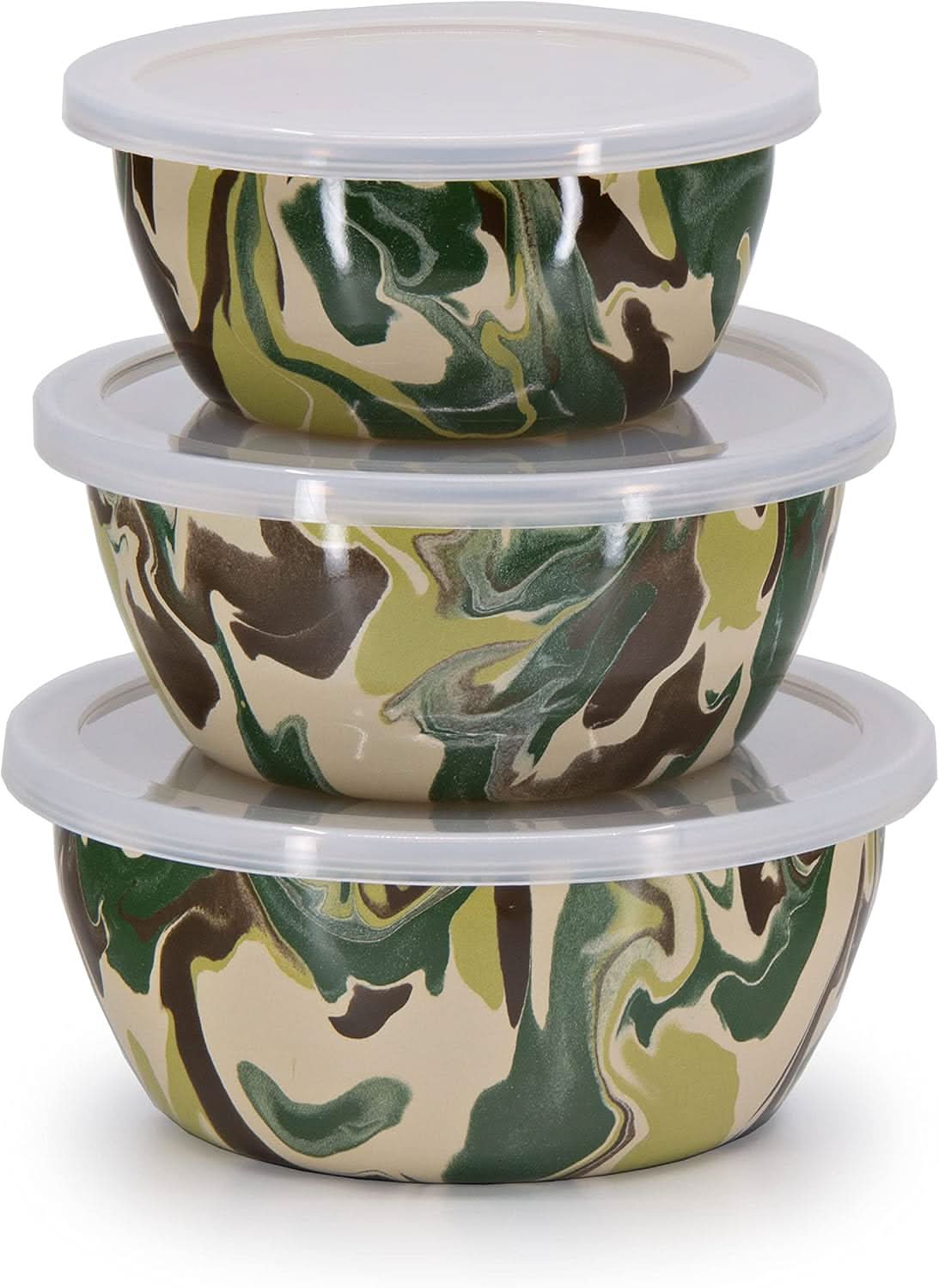Three camouflage pattern enamelware nesting bowls stacked together