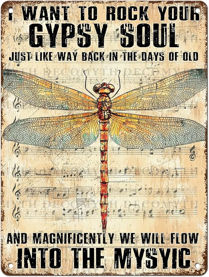 Dragonfly Decor I Want to Rock Your Soul Into The Mystic Vintage Metal Tin Sign for Home Cafe Bedroom Library Bookshelf Wall Decor 12 * 16inch