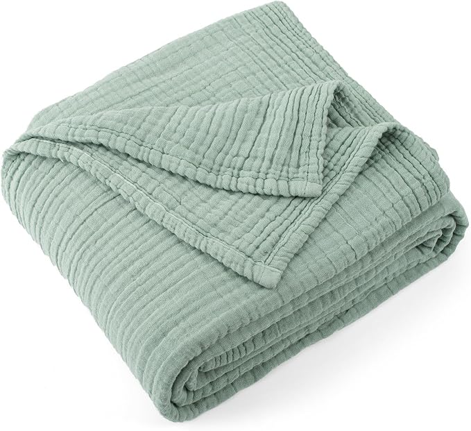 Carriediosa 100% Cotton Muslin Throw Blanket 66" X 90" Twin XL Size，4-Layers Summer Gauze Throws for Bed Couch，Soft Lightweight Breathable Linen Blankets Bedspread for Adults All Season，Sage Green