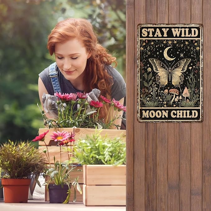 Vintage Tin Sign Butterfly Stay Wild Moon Tin Sign Retro Wall Decor for Home Office Room Wall Decor Poster 12 * 8inch