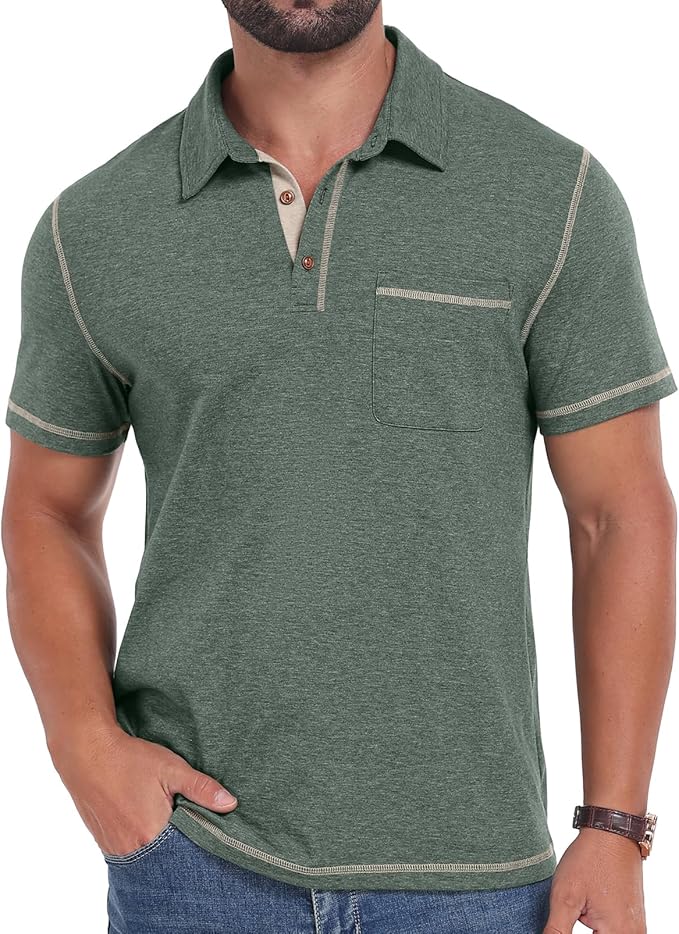 Men's textured cotton short sleeve polo shirt with chest pocket and faux wood buttons