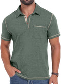 Men's textured cotton short sleeve polo shirt with chest pocket and faux wood buttons