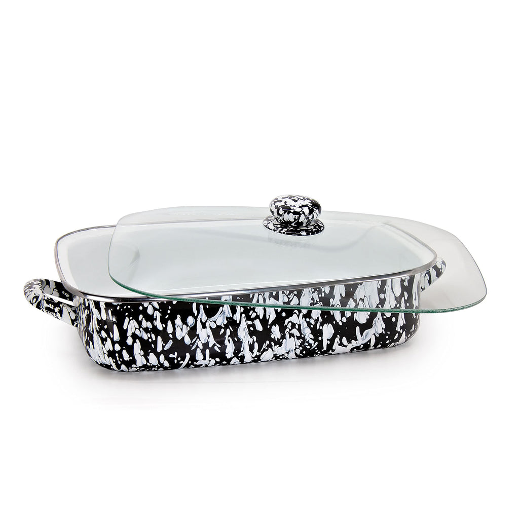 10.5qt Enamelware Roasting Pan with Tempered Glass Lid, Black Swirl