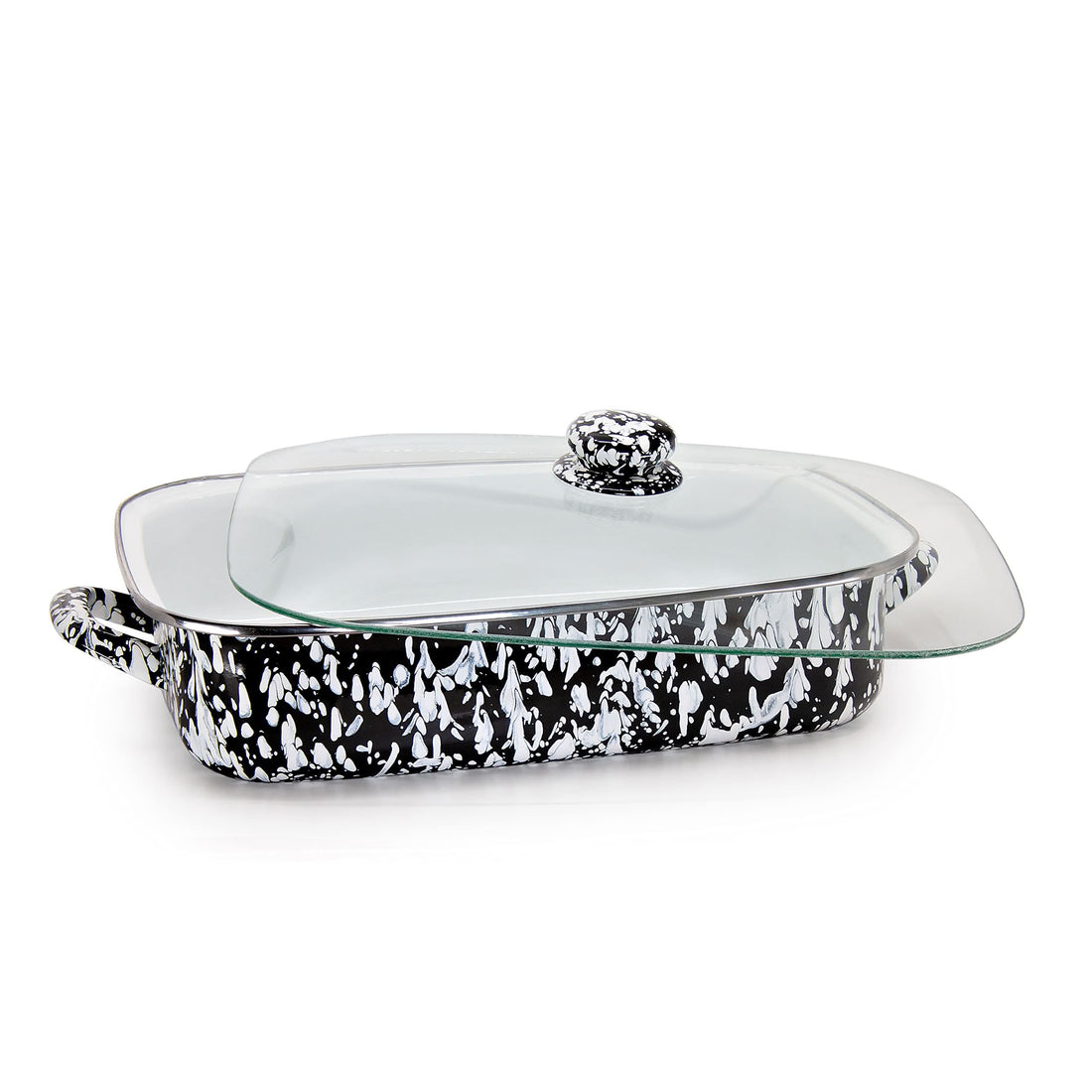 10.5qt Enamelware Roasting Pan with Tempered Glass Lid, Black Swirl