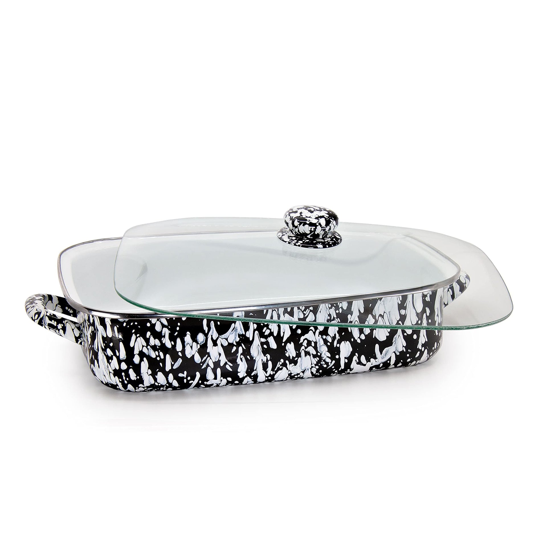 10.5qt Enamelware Roasting Pan with Tempered Glass Lid, Black Swirl
