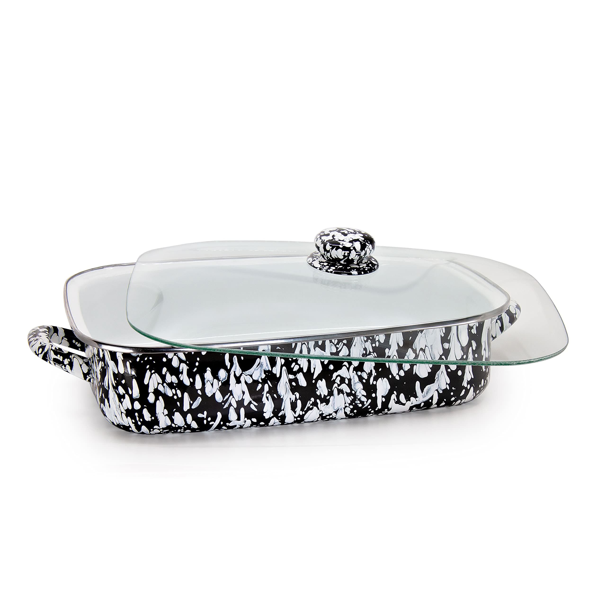10.5qt Enamelware Roasting Pan with Tempered Glass Lid, Black Swirl