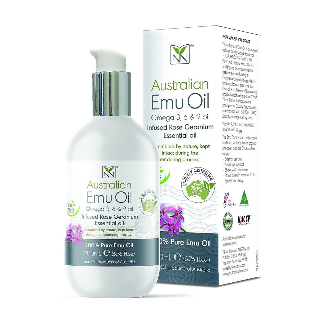 200ml bottle of Australian Emu Oil Rose Geranium holistic treatment