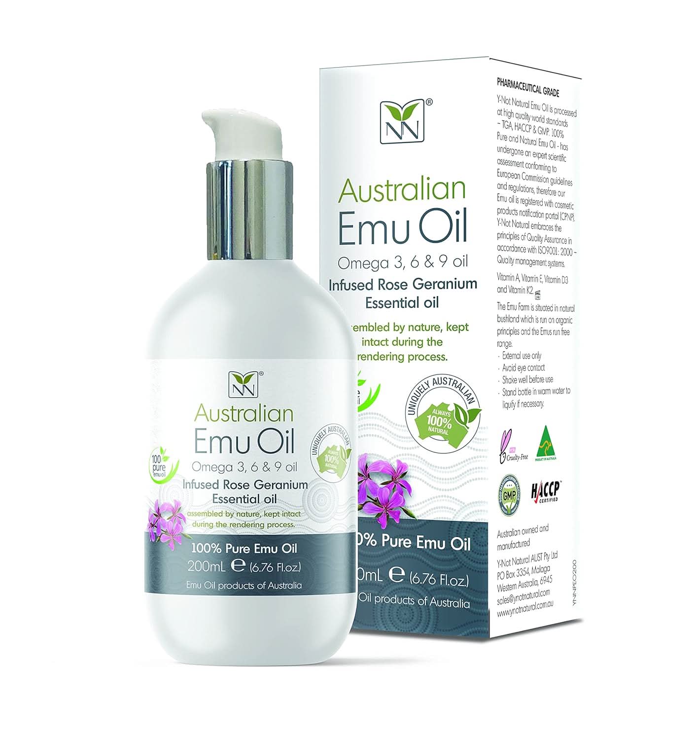 200ml bottle of Australian Emu Oil Rose Geranium holistic treatment