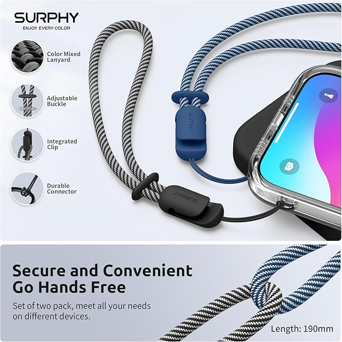 SURPHY 2 Pack Phone Lanyard for Cellphone Case, Phone Wrist Strap for Case, Cellphone Strap with 2-Color Braided, Charm Wrist Lanyard for Women, Cellphone Wrist Lanyard for Women, Black & Blue Jay