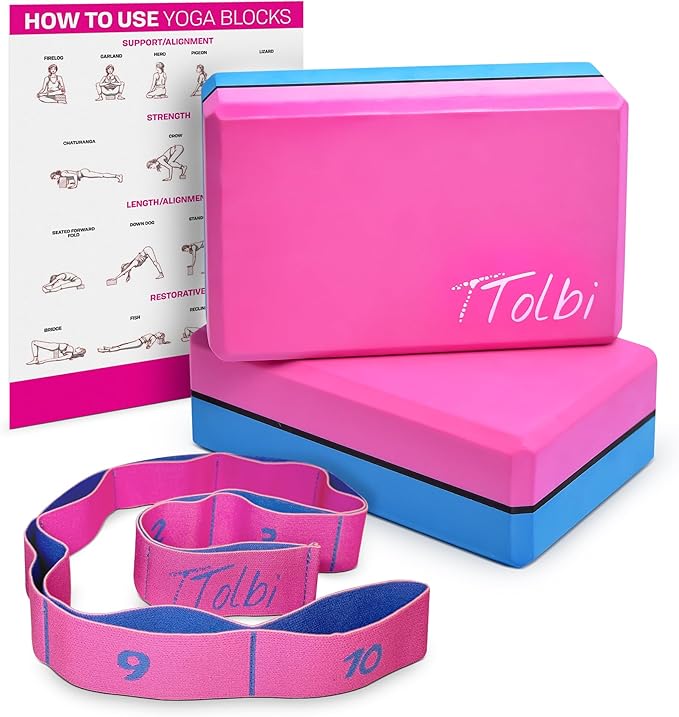 Yoga Blocks 2 Pack Set with Dance Stretch Band & Guide: Non-Slip EVA Foam Block - Ideal Stretching Equipment for Home Workouts, Pilates, Dance, Ballet, Gymnastics, Exercise - Stretch Strap Stuff Props