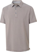 Men's brown and white striped moisture-wicking golf polo shirt with collared neck