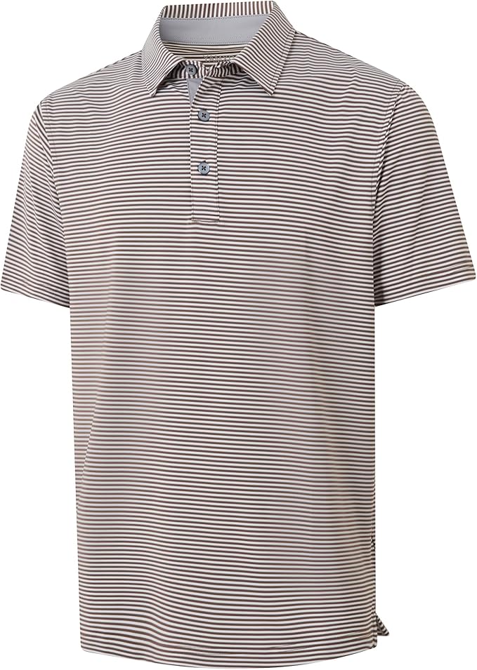 Close-up of a man wearing a lightweight striped dry-fit golf polo