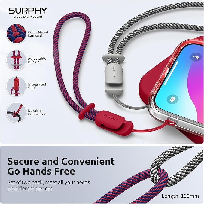 SURPHY 2 Pack Phone Lanyard for Cellphone Case, Phone Wrist Strap for Case, Cellphone Strap with 2-Color Braided, Charm Wrist Lanyard for Women and Men, Red & Gray
