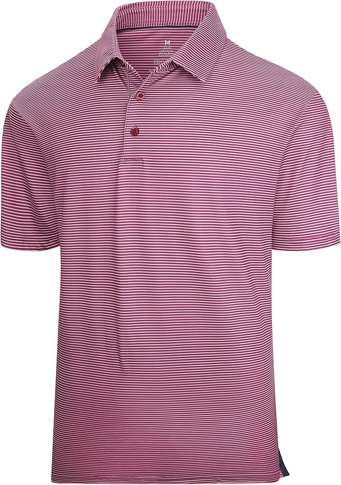 Men wearing a lightweight, striped performance golf polo with moisture-wicking fabric.